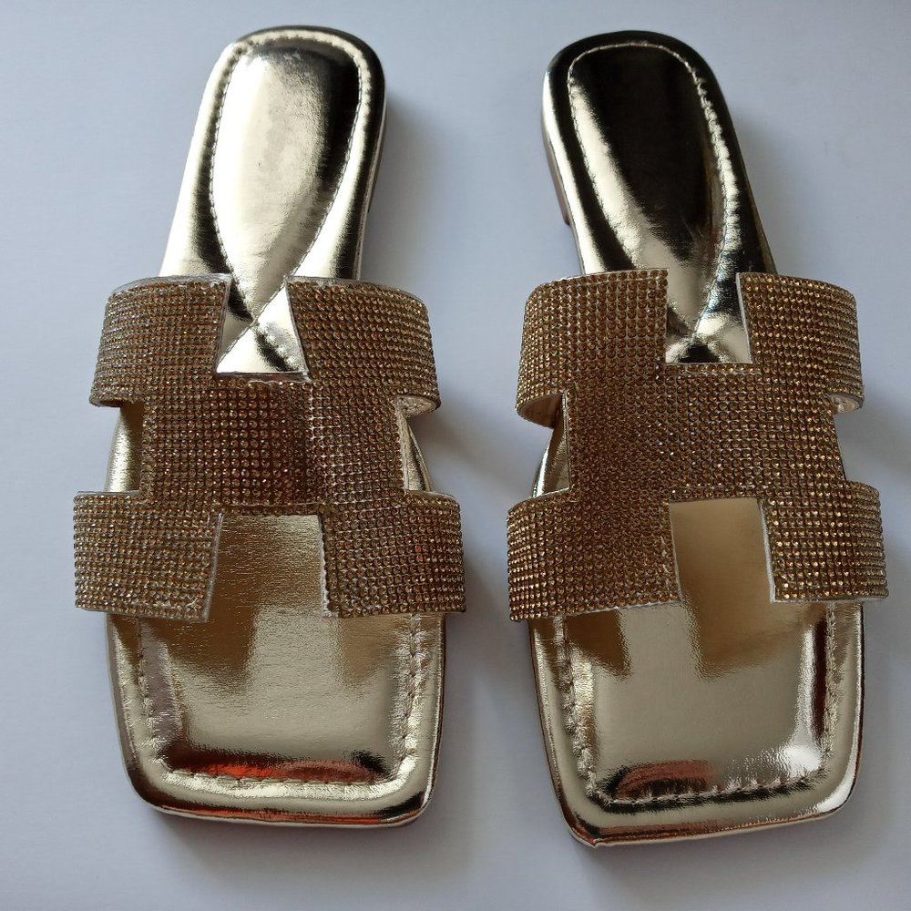 Women Rhinestone Glitter Sandal ,Slip on Slide Gold Color